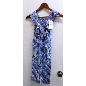 Justice Girls Blue White Floral Ruffle Jumpsuit Tie Waist Size XS 5/6  #2698